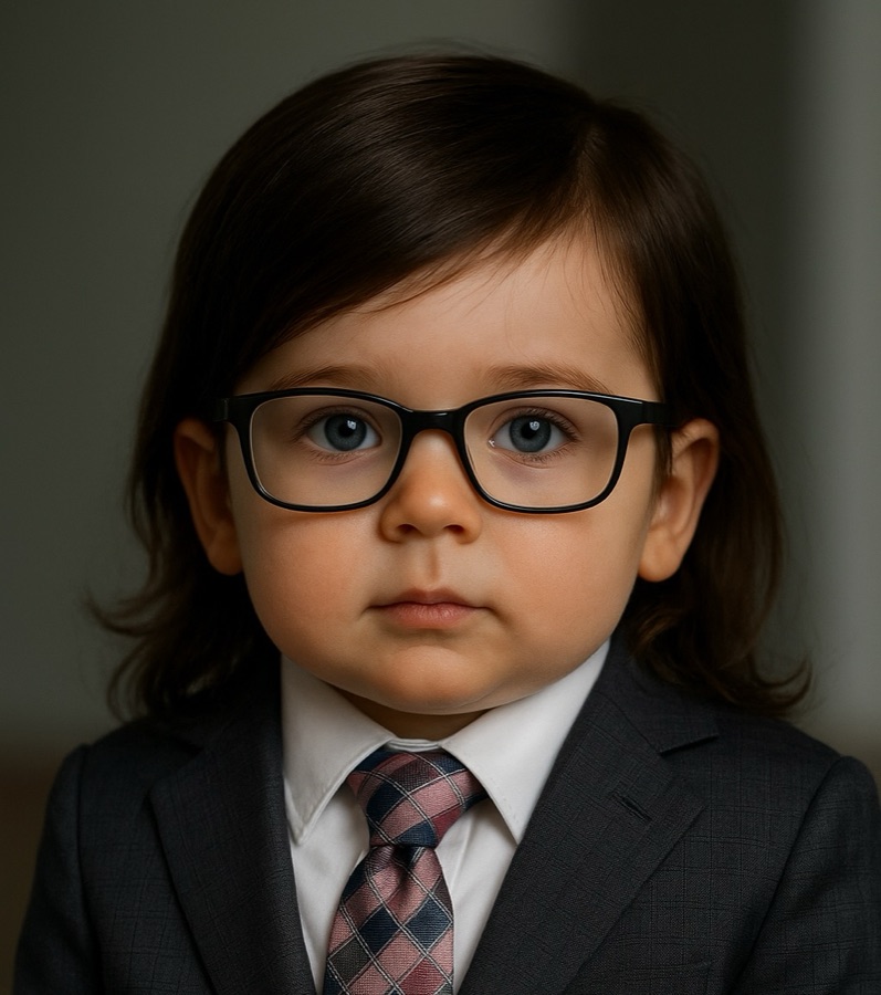 Matt as a baby, already in a suit and glasses