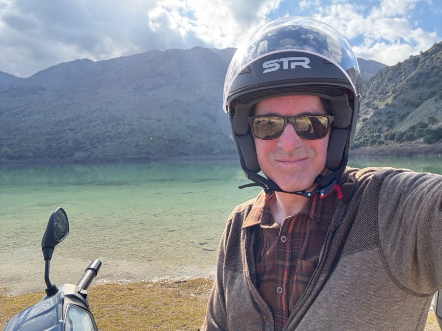 Matt on a scooter at Lake Kournas, Crete